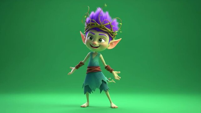 chroma key green background of a cute fantasy elf or fairy creature with purple hair dancing.