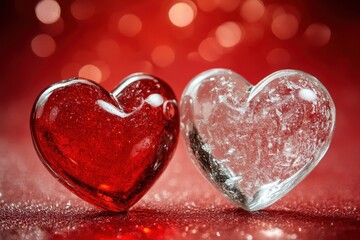Fototapeta premium Two glass hearts, one red and one clear, lay on glittery surface. Use it for Valentine's Day or romantic greeting cards, backgrounds.