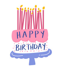 Pink cake with candle hand drawn clipart elements illustration