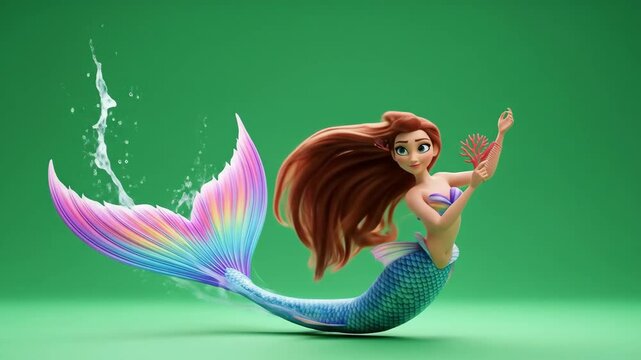chroma key green background of a fantasy mermaid with a rainbow tail holding red coral while swimming.