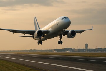 Obraz premium Airplane Taking Off at Sunset with Cloudy Sky and Airport Background