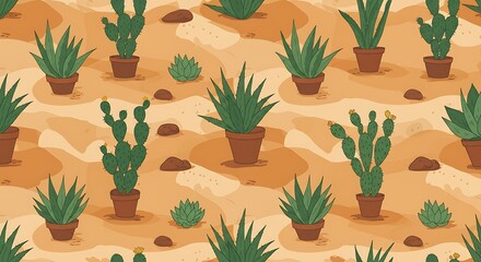 A repeating pattern featuring various potted cacti and succulents scattered across a desert landscape.