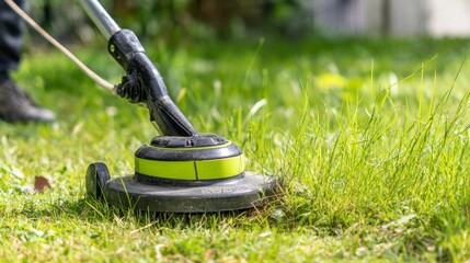 Close-up of electric weed wacker trimming grass near home garden with man in side view working in spring backyard, showing motion, detail, and green lawn during seasonal yard maintenance