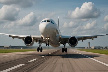 Airplane Taking Off with Blue Sky and Fluffy Clouds Above