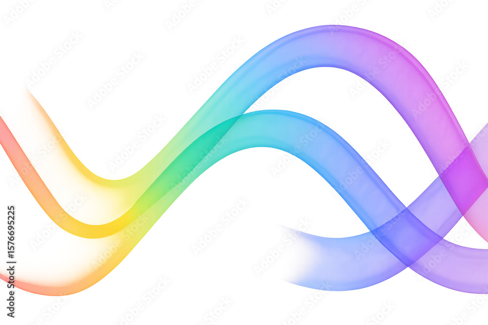Poster vibrant multicolored waves curving dynamically across transparent surface, generating fluid graphic 