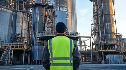 Industrial sector panorama professional engineer overseeing vast chemical processing plant site facility