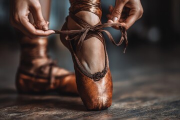Dancer tying ballet shoes in a studio with soft lighting and wooden floor, focused on technique