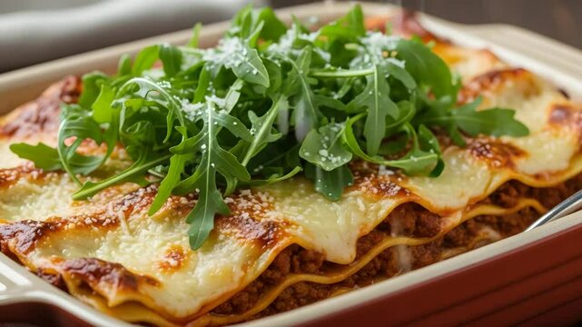 Serving Freshly Baked Lasagna with Greens and Cheese in Close-Up
