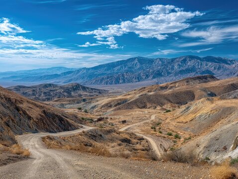 A high-angle, long shot of a desolate, mountainous desert landscape with a winding dirt road traversing through canyons and valleys under a mostly clear sky - Powered by Adobe