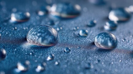 Close-up of water droplets on a textured, dark blue surface.  The droplets vary in size and exhibit reflections