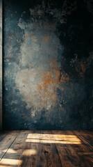 Dark Textured Wall and Rustic Wooden Floor with Natural Sunlight Empty Interior Room Background