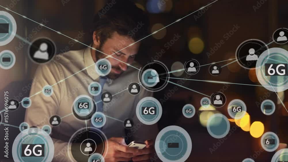 Poster man tapping smartphone screen at night, visualizing expanding 6g network mesh with user icons