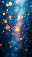 Fototapeta premium Sparkling Golden Bokeh Lights and Water Droplets on Blue Background with Dreamy Atmosphere