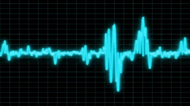 Abstract Glowing Blue Audio Waveform or Heartbeat Monitor on Grid Background