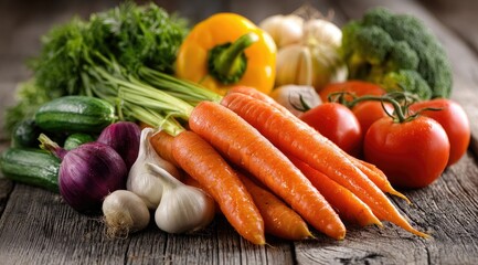 A vibrant collection of fresh vegetables, including carrots, tomatoes, bell peppers, zucchini, broccoli, onions, and garlic, artfully arranged on a rustic wooden surface