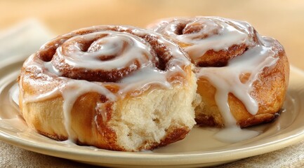 Two freshly baked cinnamon rolls, glazed and slightly separated, rest on a pale plate. One roll shows a bite taken, revealing soft, fluffy interior. The sweet glaze drips down the sides