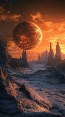 Fiery Alien Planet Over Barren Rocky Landscape with Orange Sky and Distant Spiky Mountains