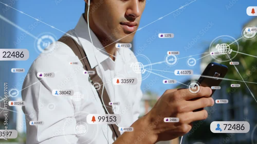 Poster man raising smartphone and monitoring tech data creating network icons and notification counts