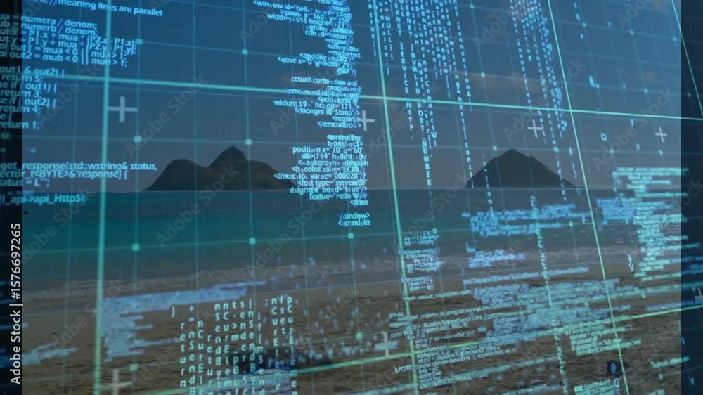 Poster on start digital grid fading over shoreline with crosshairs, code shifting into structured overlay