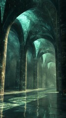 Grand Vaulted Architectural Hall with Ethereal Teal Light and Stone Pillars