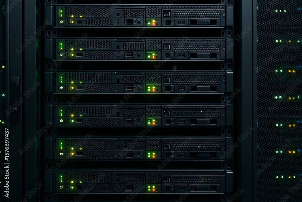 Poster data center server racks with illuminated lights and technology