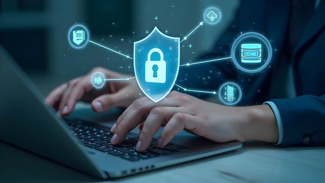 Person typing on laptop with security shield overlay