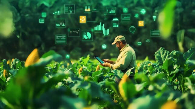 A farmer using technology to analyze agricultural data in field
