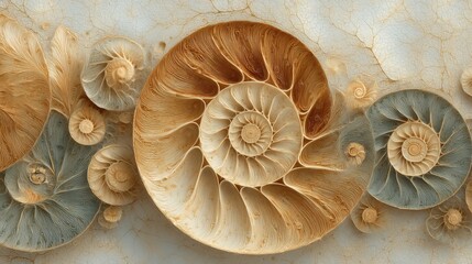Intricate Spiral Shell Fossils Pattern Beige Background