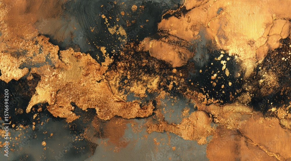 Poster an abstract artwork featuring a blend of dark and metallic gold pigments, creating a marbled, textur