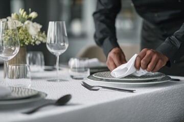 Elegant dining setup with a server arranging tableware in a modern restaurant setting