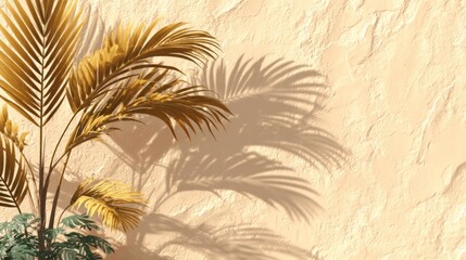 Golden Palm Leaves Cast Shadows on Beige Textured Wall
