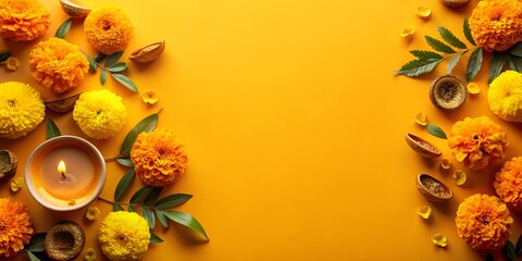 Vibrant Yellow Marigold Flowers, Candles, and Diyas: Festive Autumnal Background