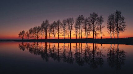 Obraz premium Sunset Silhouette of Trees Reflected in Calm Water