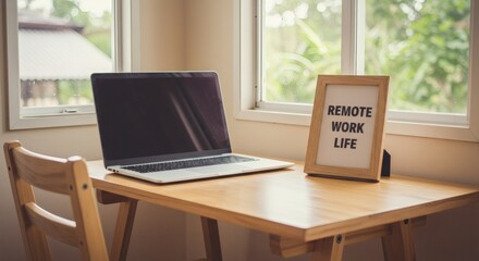 A laptop and framed sign on a wooden desk near a window.