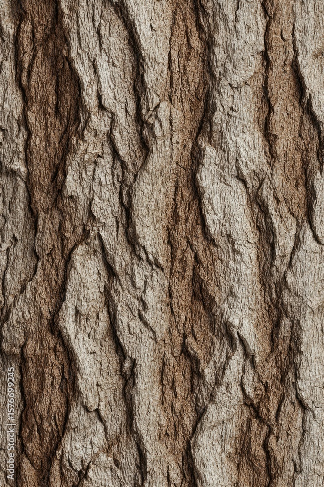 Poster close-up vertical shot of tree bark, showing detailed texture and variations in color from light bei