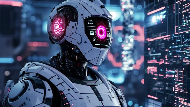 Generative 4k video. Futuristic humanoid robot with glowing pink eyes stands in a high-tech environment, showcasing advanced technology and intricate design elements in a digital landscape