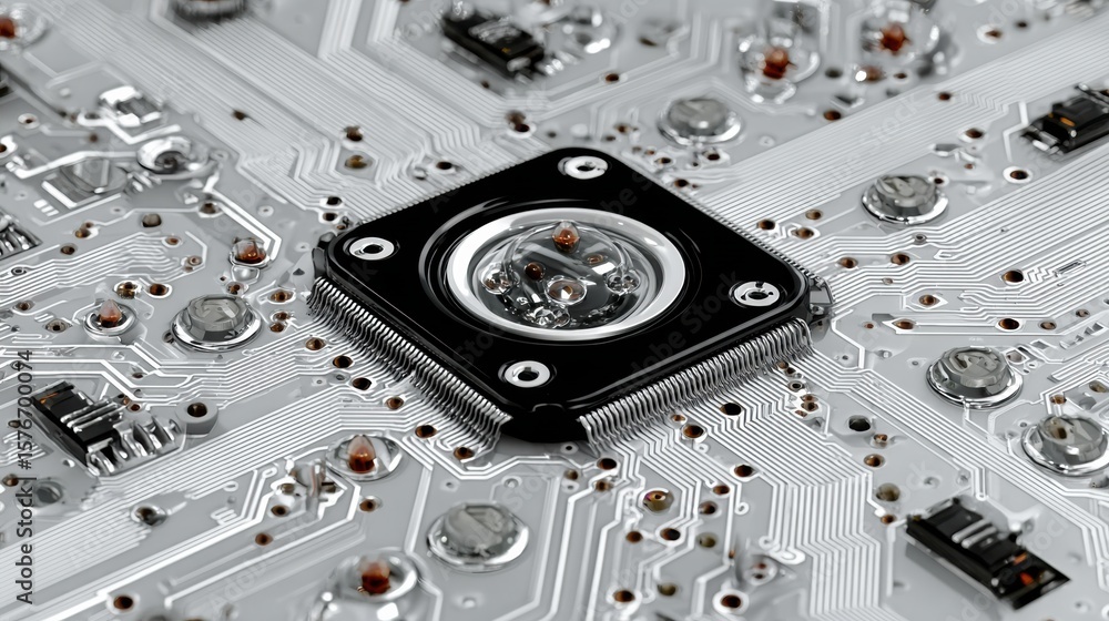 Poster circuit board's electronic heart: an up-close perspective of a circuit board's core, highlighting in