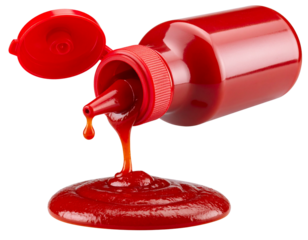 Squeezed Ketchup Bottle with Sauce Drip Side Angle isolated on transparent background PNG