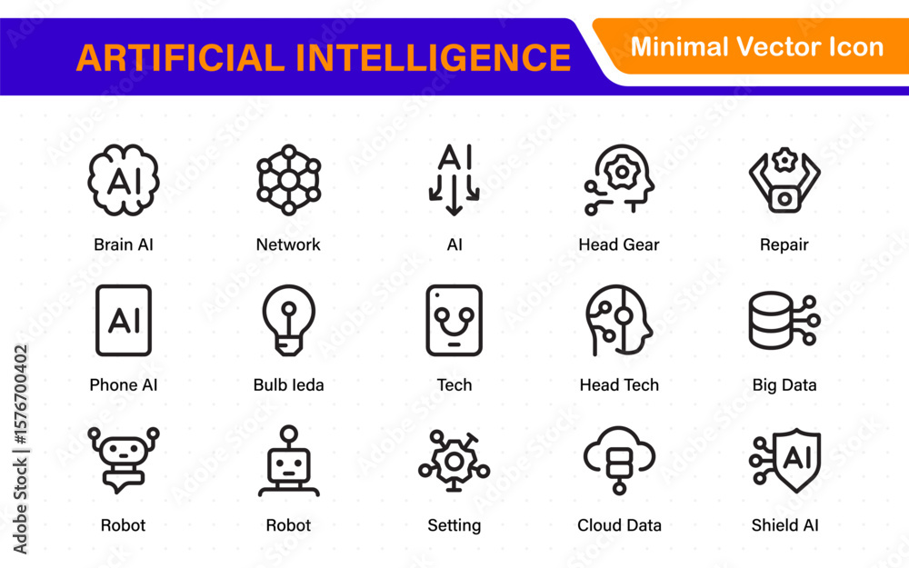 Poster ai tech and artificial intelligence icon set vector collection. ai essentials line icon collection, 