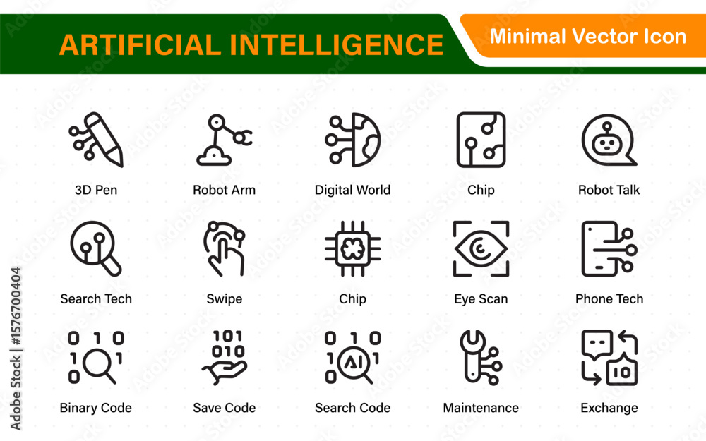 Poster ai tech and artificial intelligence icon set vector collection. ai essentials line icon collection, 