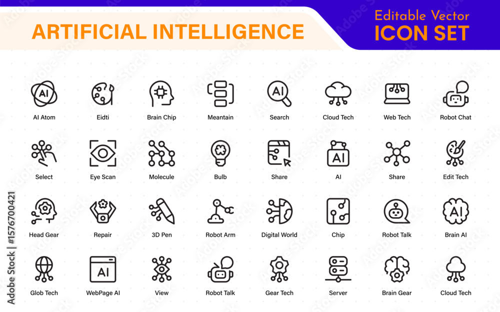 Poster ai tech and artificial intelligence icon set vector collection. ai essentials line icon collection, 
