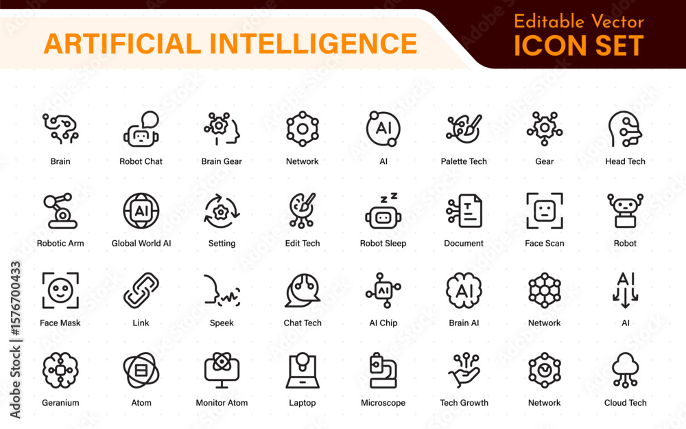 Poster ai tech and artificial intelligence icon set vector collection. ai essentials line icon collection, 