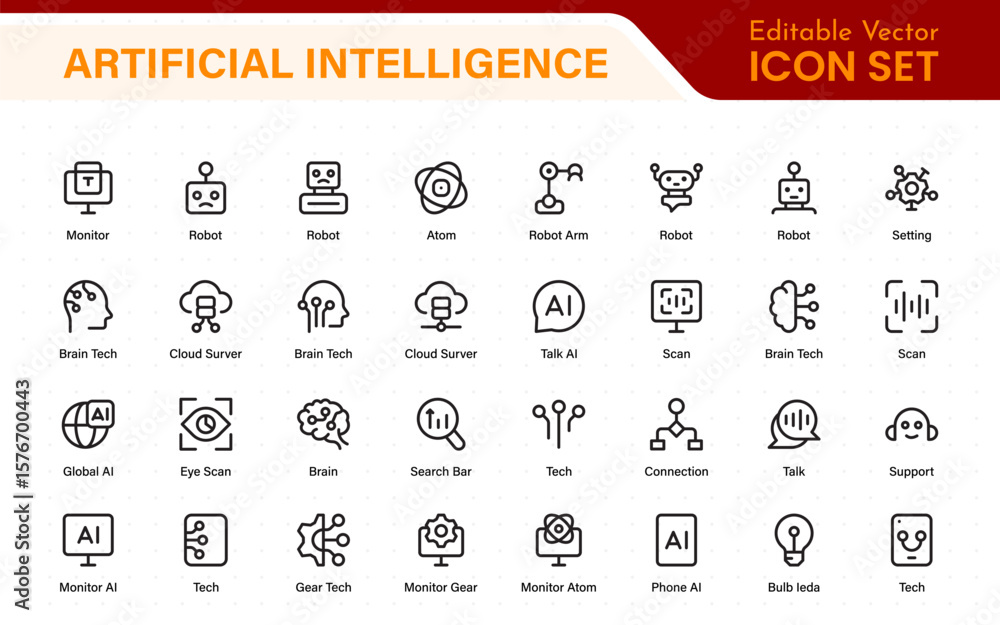 Poster ai tech and artificial intelligence icon set vector collection. ai essentials line icon collection, 