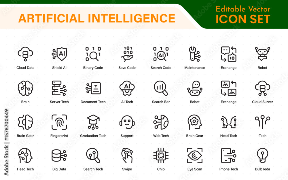 Poster ai tech and artificial intelligence icon set vector collection. ai essentials line icon collection, 