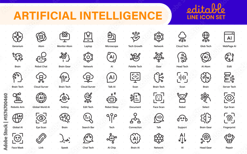 Poster ai tech and artificial intelligence icon set vector collection. ai essentials line icon collection, 