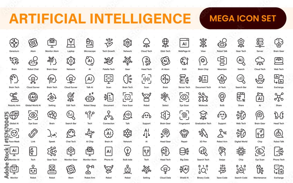 Poster ai tech and artificial intelligence icon set vector collection. ai essentials line icon collection, 