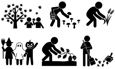 秋の風物詩を表現したシルエットアイコンセット