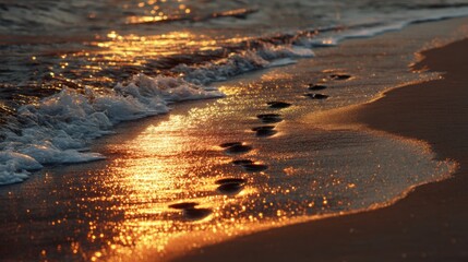 Golden Sunset on Sandy Beach with Footprints