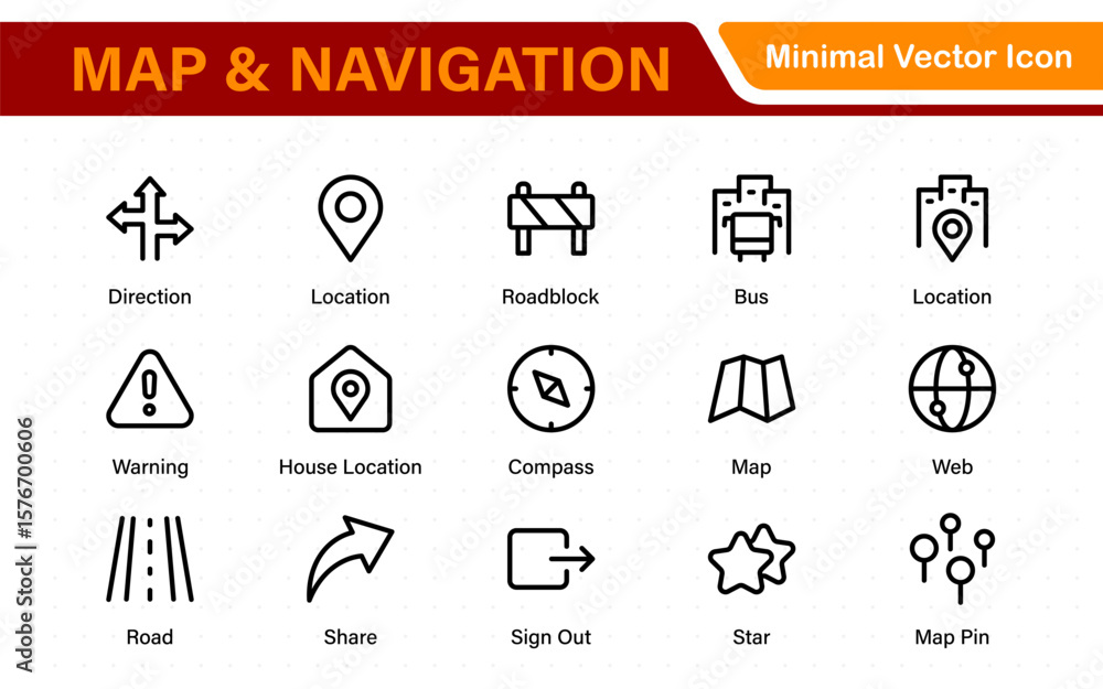 Poster map navigation line icons vector. symbol of map location, route, marker, road trip, and icons.locati