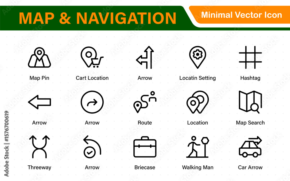 Poster map navigation line icons vector. symbol of map location, route, marker, road trip, and icons.locati